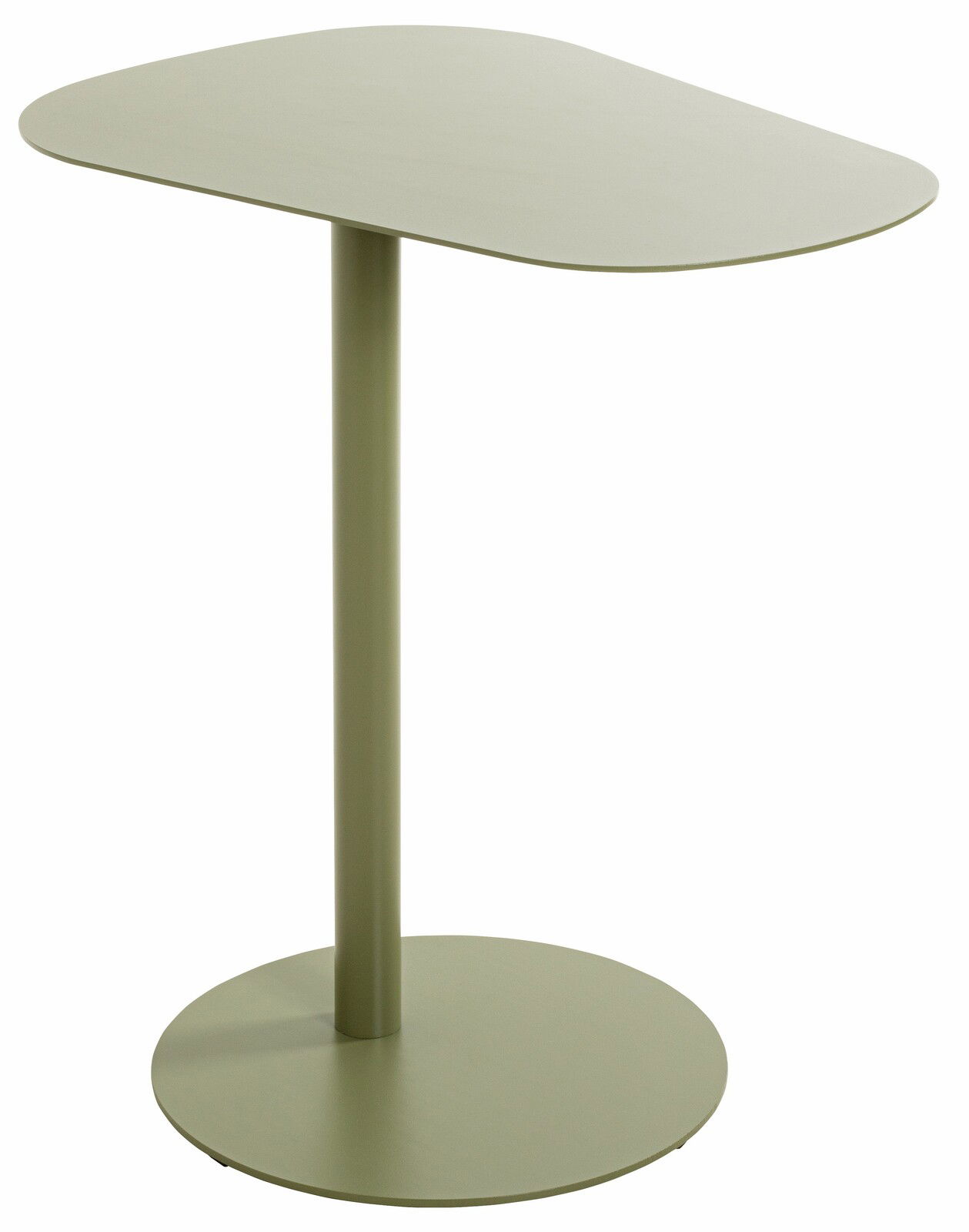 Moderner, olivgrüner Beistelltisch mit runder Basis und asymmetrischer Tischplatte, seitliche Perspektive