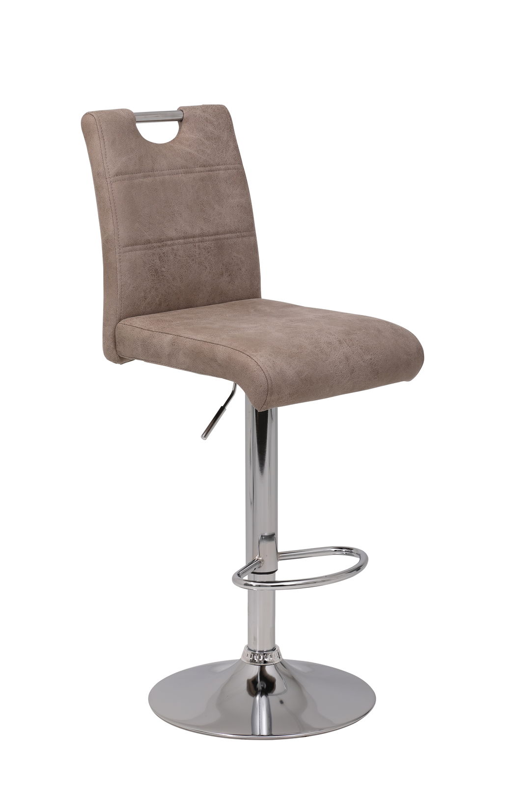 Moderner Barhocker mit braunem Polstersitz und verchromtem Gestell, seitliche Perspektive