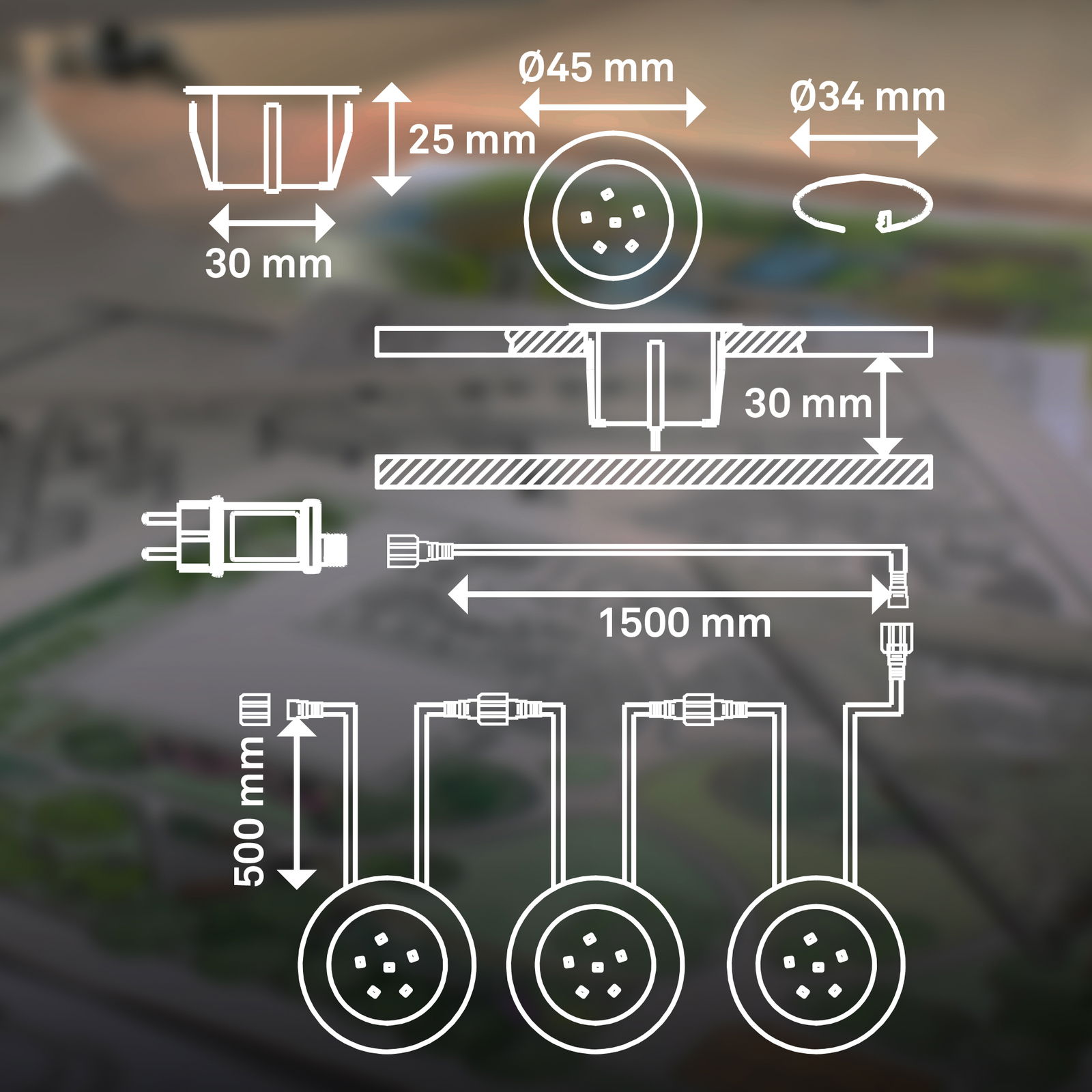 Technische Zeichnung eines Edelstahl-Startersets mit Abmessungen: 45 mm Durchmesser, 25 mm Höhe, 30 mm Einbautiefe. Perspektive von der Seite und oben.
