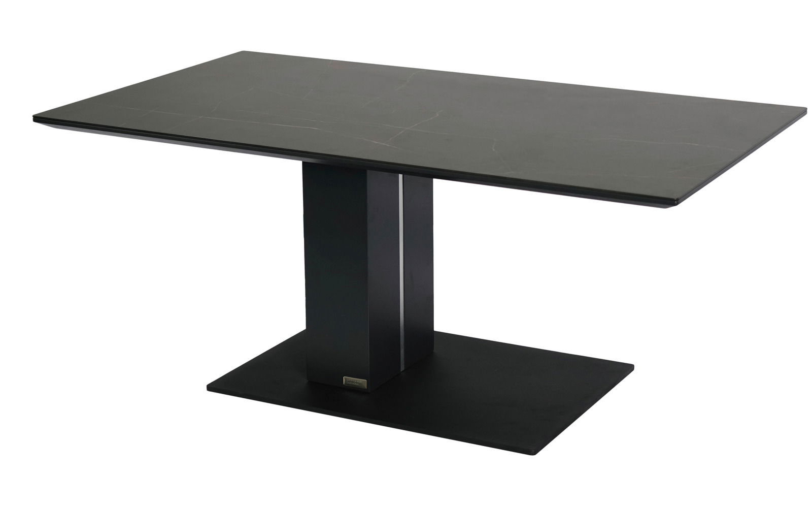 Moderner schwarzer Couchtisch mit rechteckiger Tischplatte und zentralem Standfuß, seitliche Perspektive