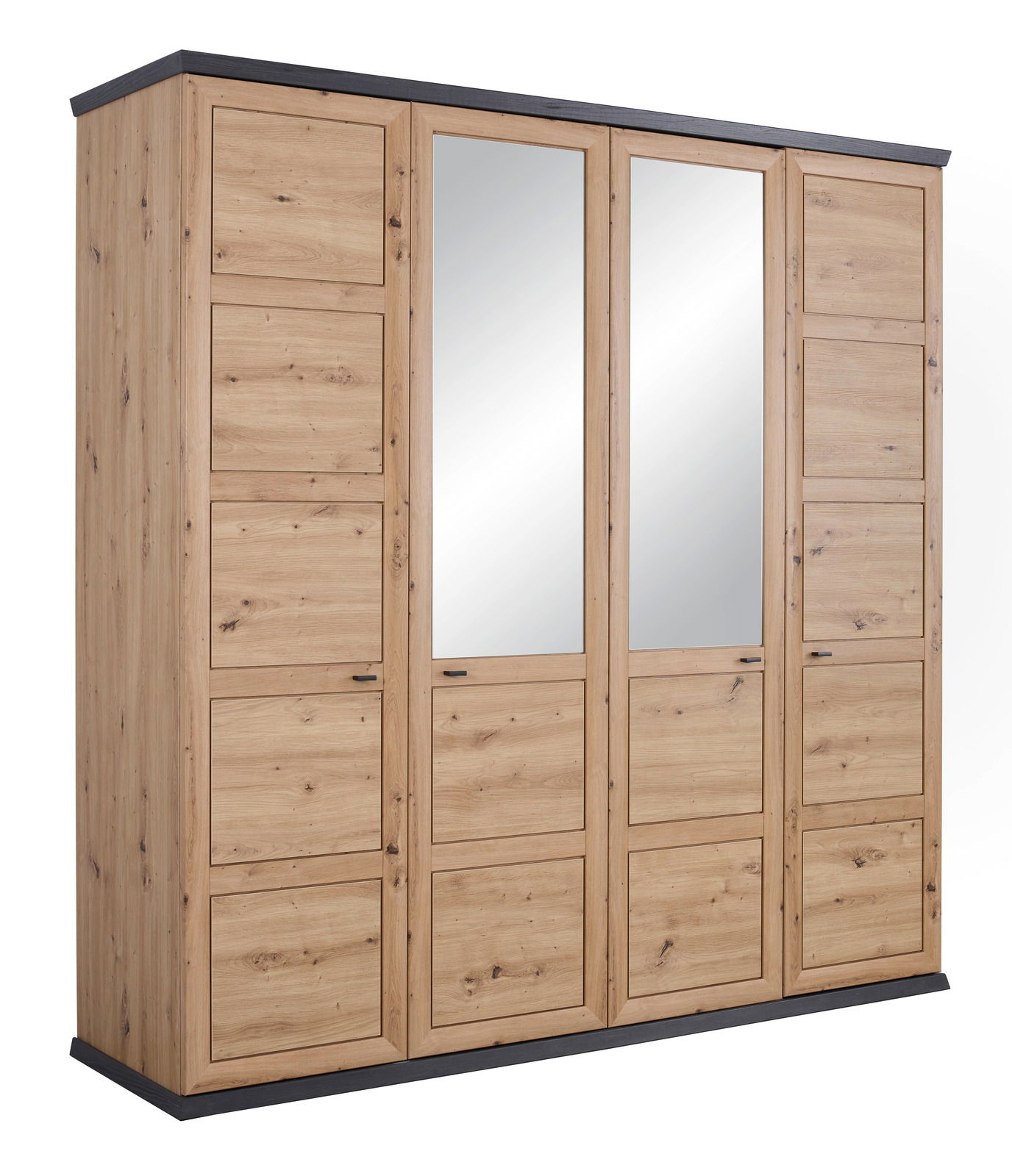 4-türiger Drehtürenschrank aus Holz mit zwei Spiegeltüren, seitliche Perspektive