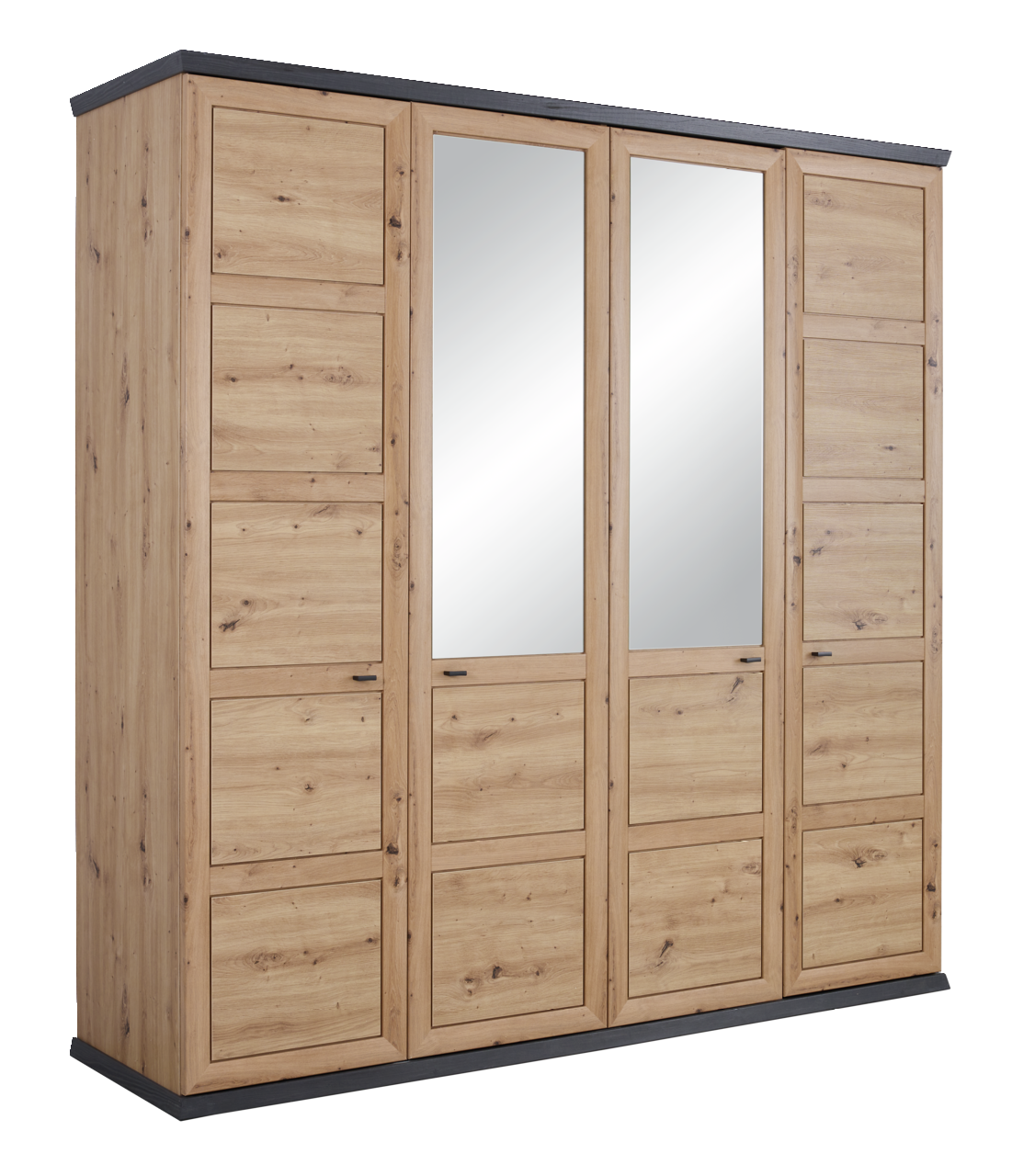 4-türiger Drehtürenschrank aus Holz mit zwei Spiegeltüren, seitliche Perspektive