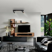 Modernes Wohnzimmer mit schwarzer Deckenleuchte mit zwei Spotstrahlern und Mittellicht über TV-Wandmöbel aus Holz und Schwarz; frontale Innenraumansicht auf die Szene.