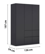 Drehtürenschrank 3-türig in dunklem Design, Maße 197 cm Höhe, 136 cm Breite, 54 cm Tiefe, seitliche Perspektive