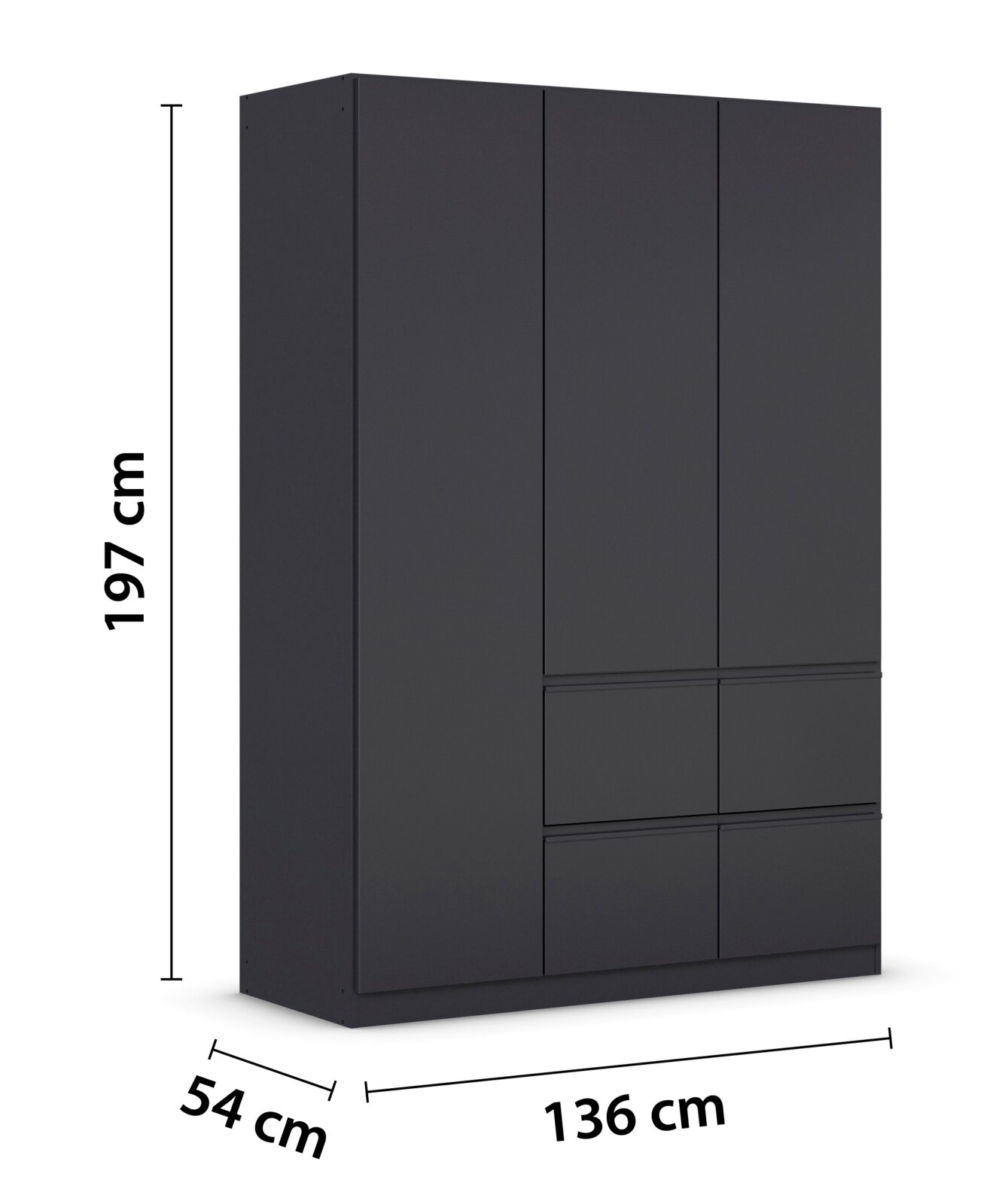 Drehtürenschrank 3-türig in dunklem Design, Maße 197 cm Höhe, 136 cm Breite, 54 cm Tiefe, seitliche Perspektive