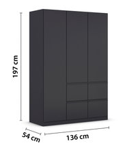 Drehtürenschrank 3-türig in dunklem Design, Maße 197 cm Höhe, 136 cm Breite, 54 cm Tiefe, seitliche Perspektive