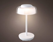 Moderne LED Tischleuchte in Weiß, frontal abgebildet mit sanftem Lichtschein.