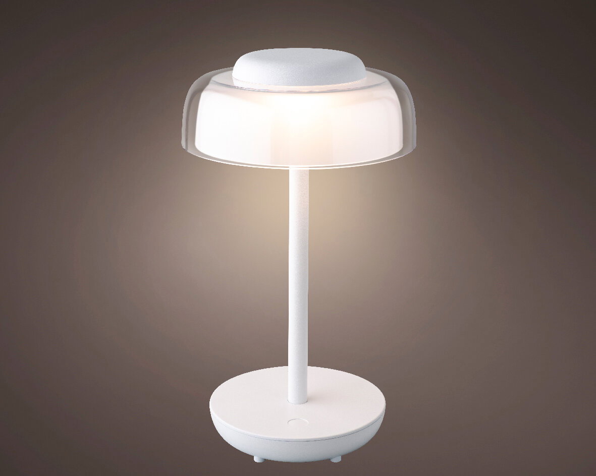 Moderne LED Tischleuchte in Weiß, frontal abgebildet mit sanftem Lichtschein.