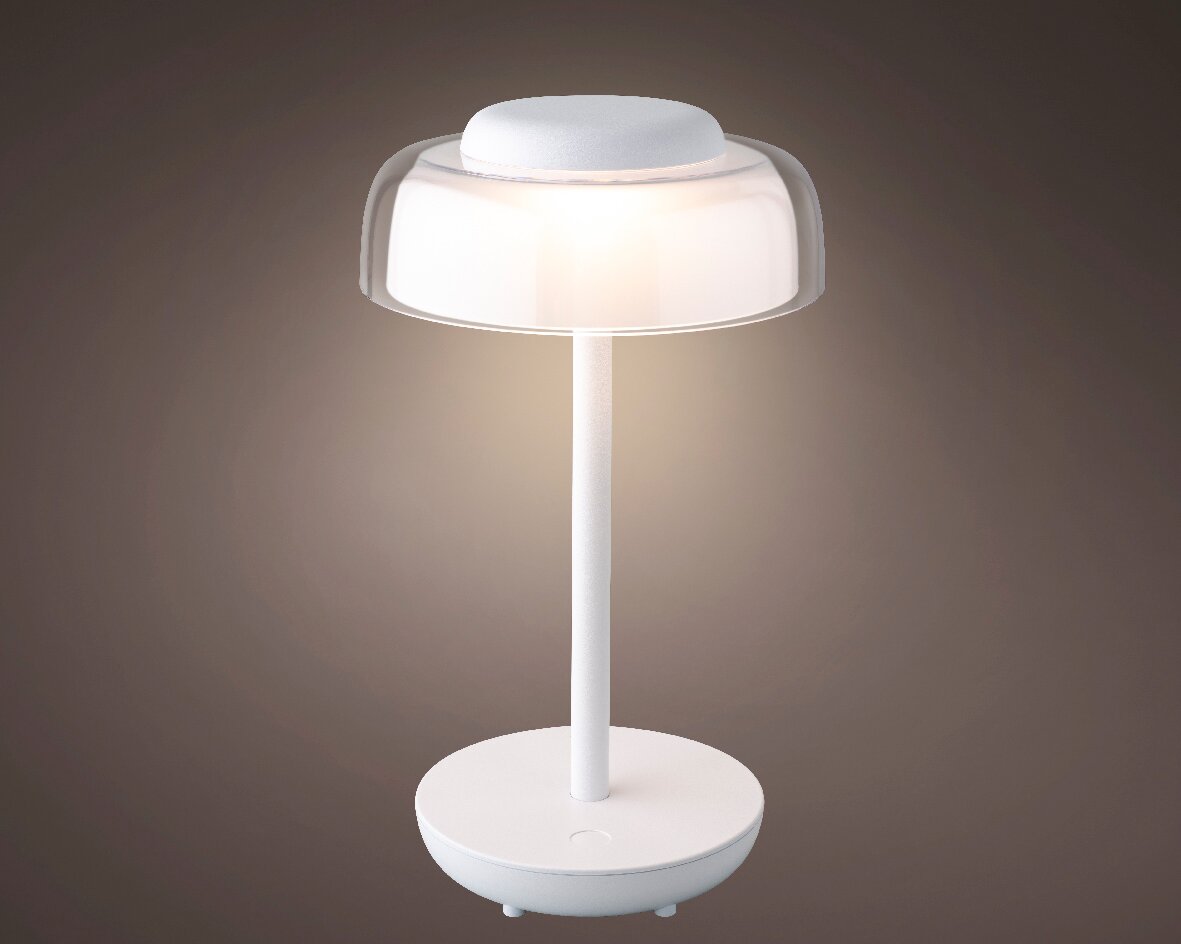 Moderne LED Tischleuchte in Weiß, frontal abgebildet mit sanftem Lichtschein.