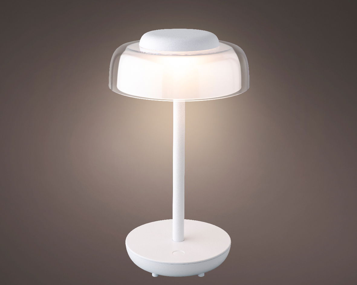 Moderne LED Tischleuchte in Weiß, frontal abgebildet mit sanftem Lichtschein.