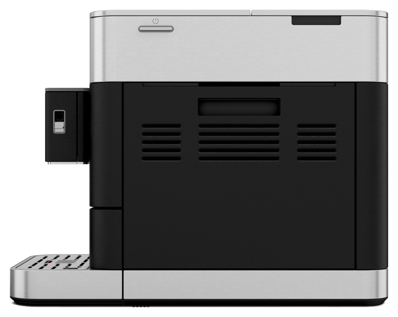 Seitenansicht eines modernen Kaffeevollautomaten in Schwarz und Silber mit klaren Linien und einem minimalistischen Design.