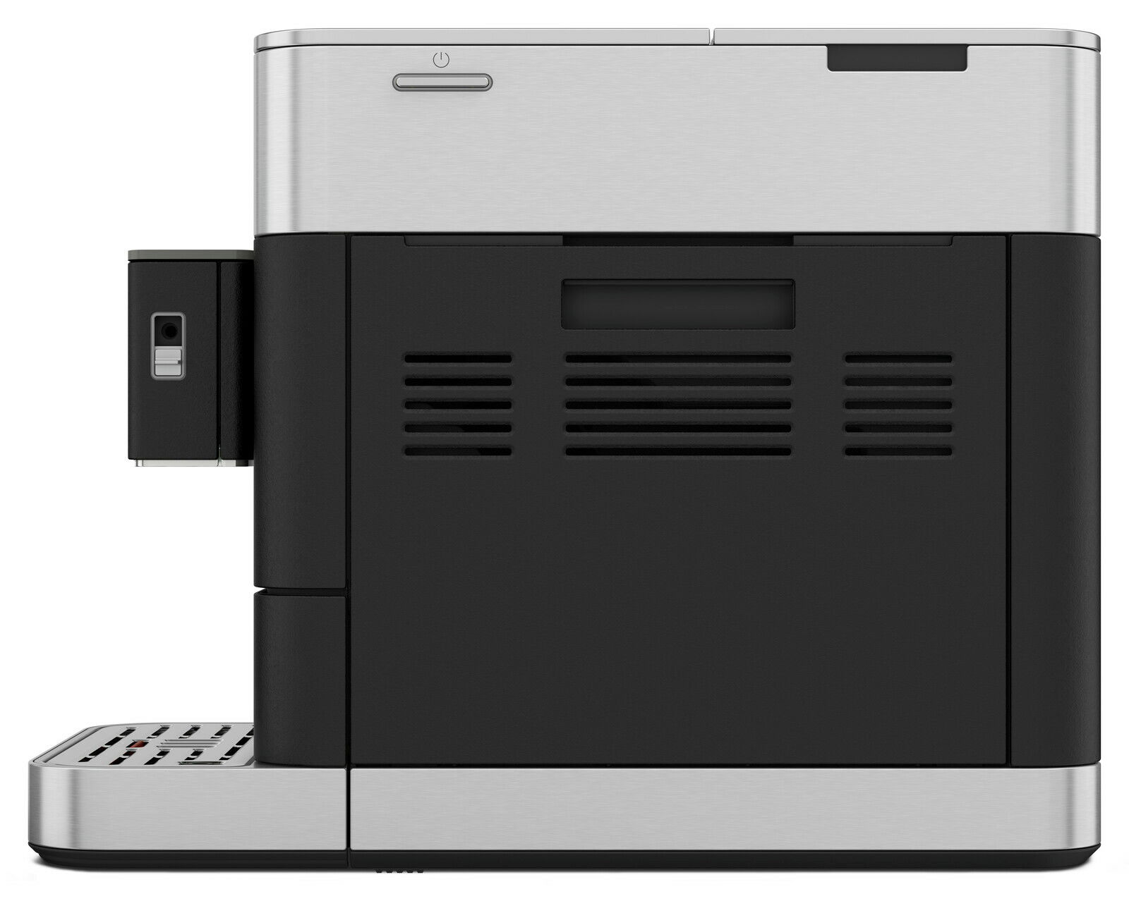 Seitenansicht eines modernen Kaffeevollautomaten in Schwarz und Silber mit klaren Linien und einem minimalistischen Design.