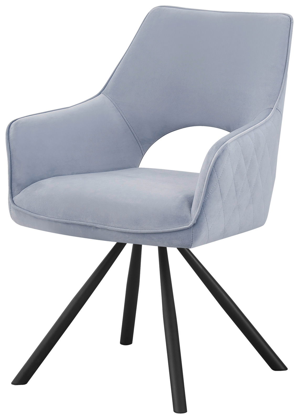 Moderner Armlehnstuhl in hellblauem Stoff mit schwarzem Metallgestell, seitliche Perspektive