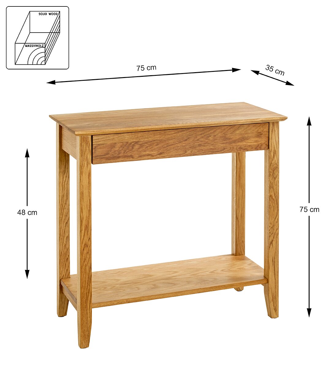 Massivholz-Konsolentisch in Eichenoptik mit Schublade und Ablageboden, Maße ca. 75 x 35 x 75 cm, gezeigt in leichter Front-/Seitenansicht (3/4-Perspektive).