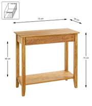Massivholz-Konsolentisch in Eichenoptik mit Schublade und Ablageboden, Maße ca. 75 x 35 x 75 cm, gezeigt in leichter Front-/Seitenansicht (3/4-Perspektive).