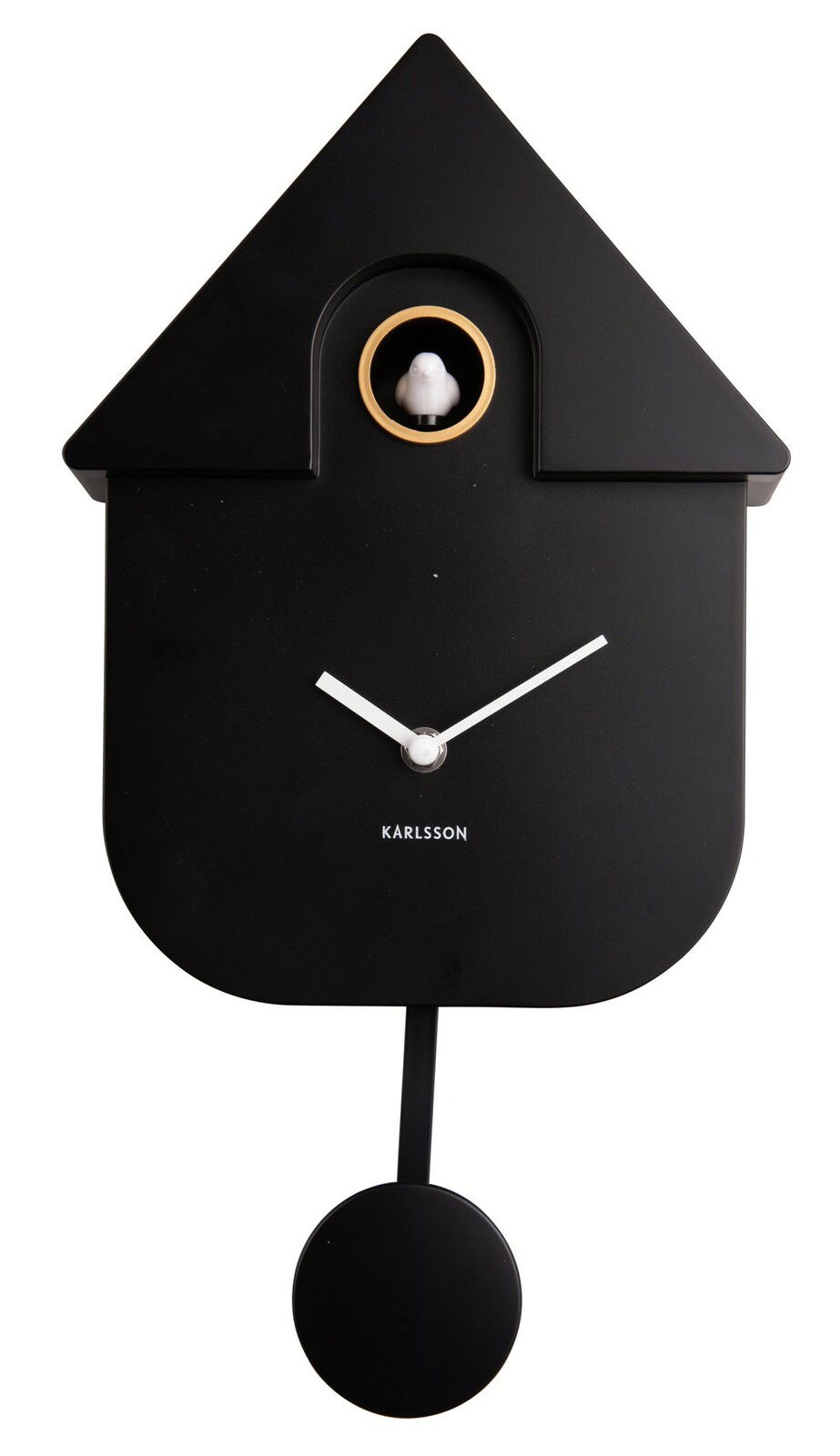 Schwarze Wanduhr in Form eines Vogelhauses mit Pendel und kleinem weißen Vogel, Frontalansicht
