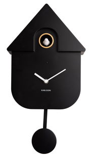 Schwarze Wanduhr in Form eines Vogelhauses mit Pendel und kleinem weißen Vogel, Frontalansicht