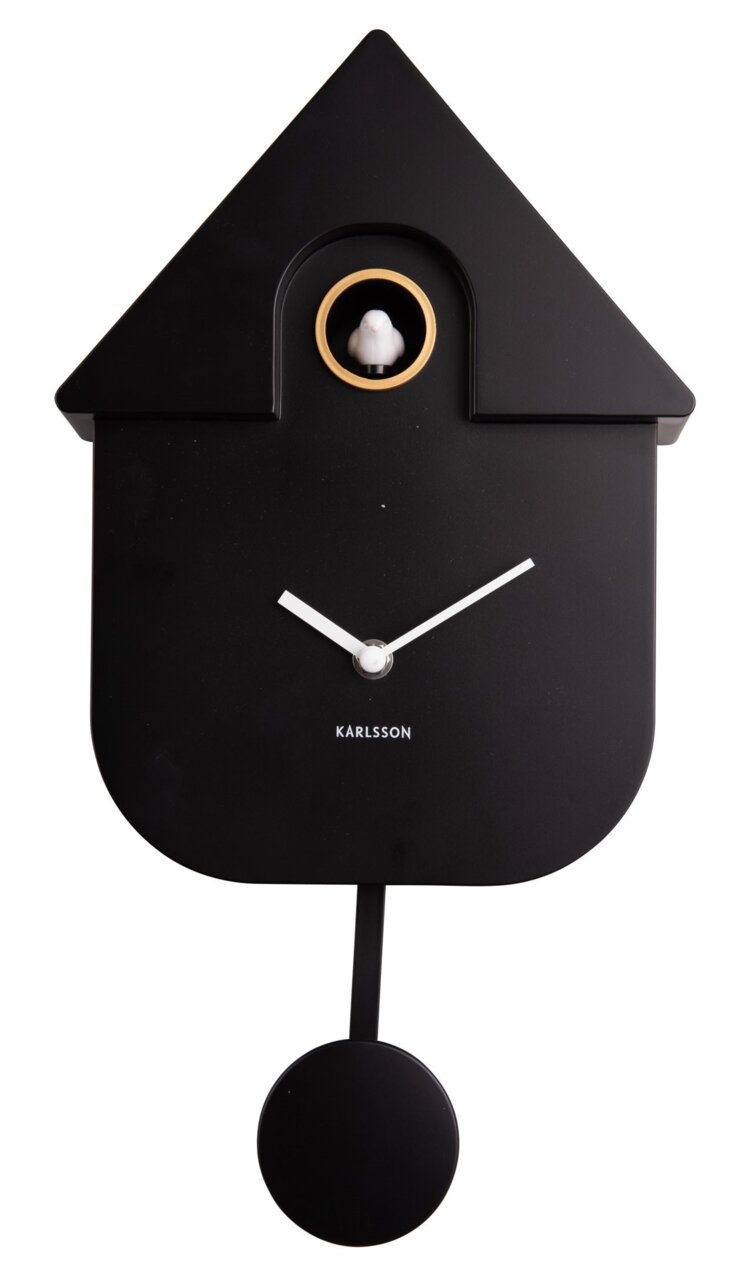 Schwarze Wanduhr in Form eines Vogelhauses mit Pendel und kleinem weißen Vogel, Frontalansicht
