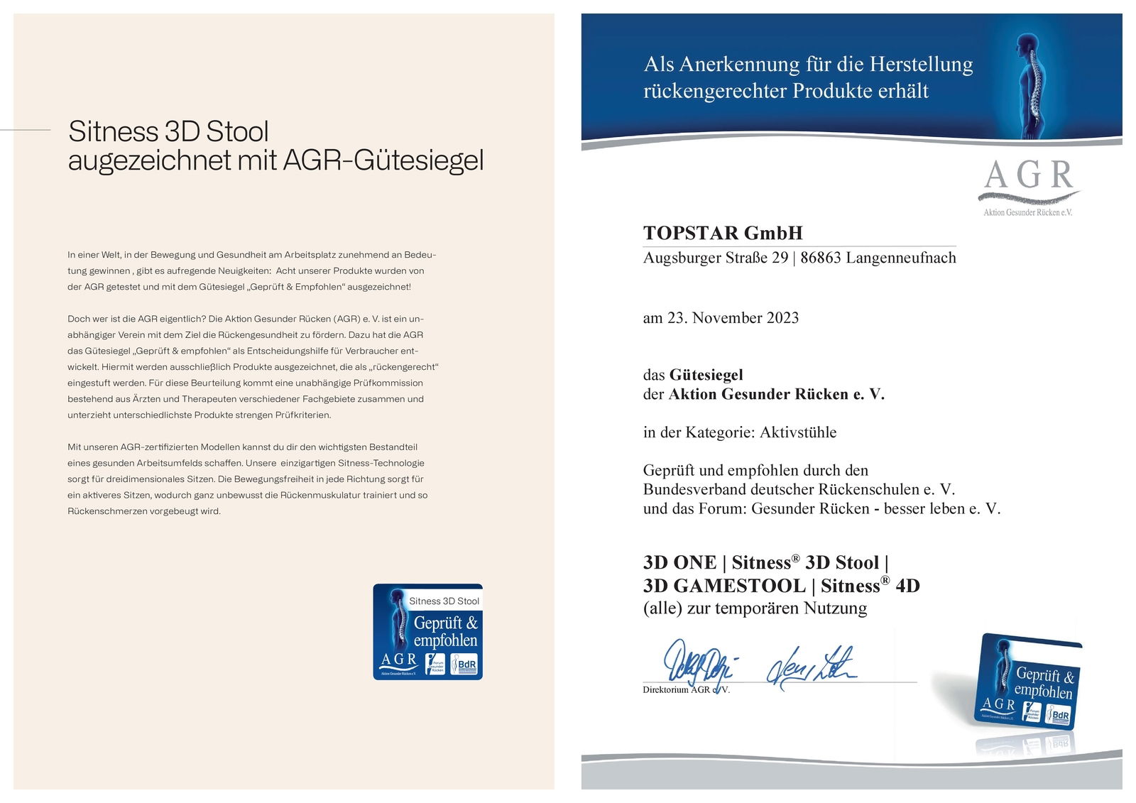 Zertifikat für den Sitness 3D Stool mit AGR-Gütesiegel, ausgezeichnet für rückengerechte Produkte. Perspektive: Vorderansicht des Zertifikats.