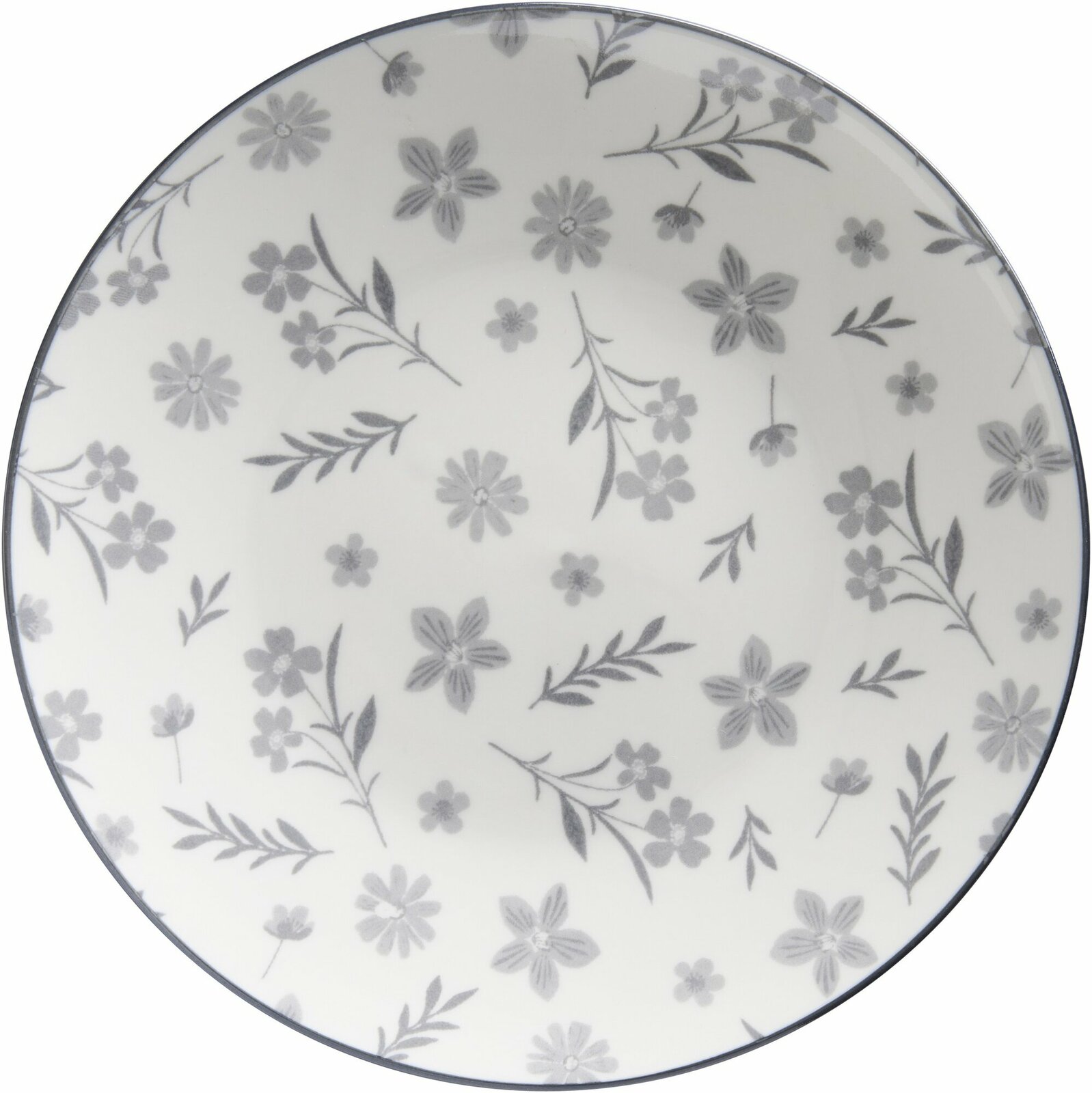 Suppenteller mit grauem Blumenmuster, Draufsicht