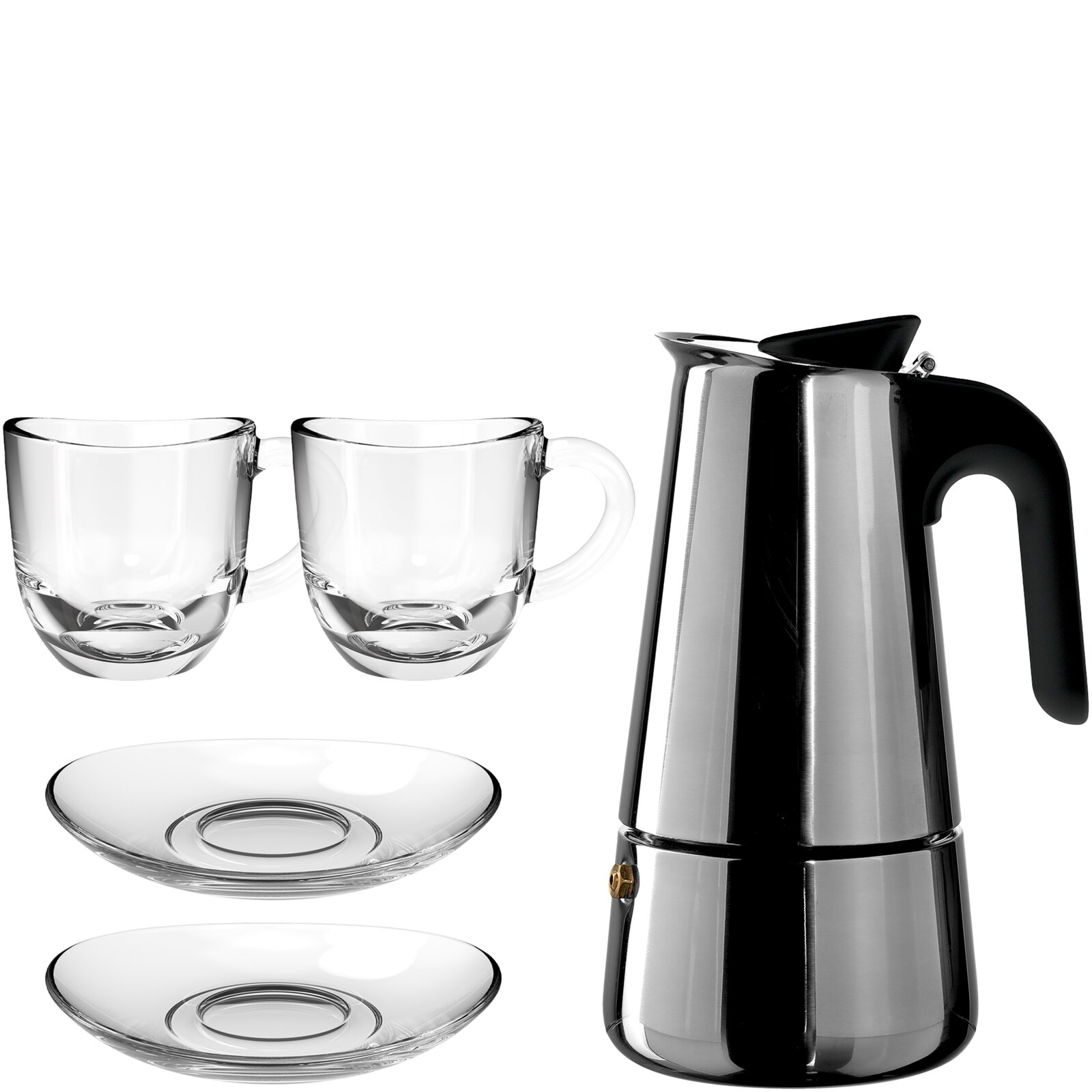 Edelstahl-Espressokocher mit schwarzem Griff neben zwei transparenten Glastassen und zwei Glasuntertassen, freigestellt vor weißem Hintergrund, Frontansicht leicht von rechts