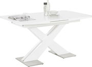 Moderner weißer Funktions-Esstisch mit X-förmigem Gestell, seitliche Perspektive