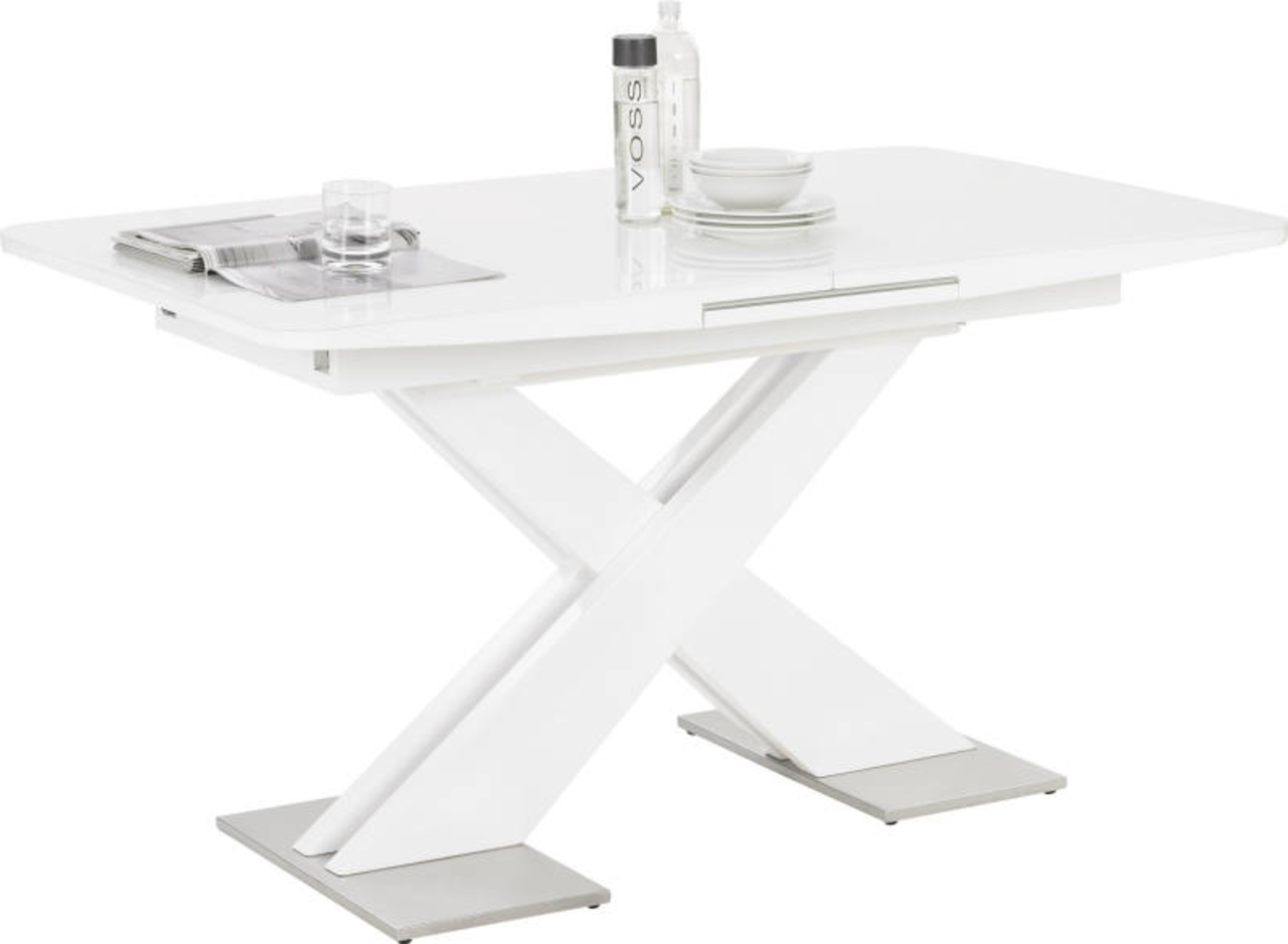 Hom´in Funktions-Esstisch MARTIN Moderner weißer Funktions-Esstisch mit X-förmigem Gestell, seitliche Perspektive