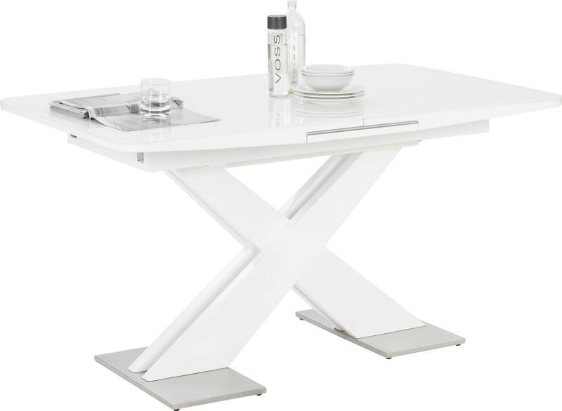 Hom´in Funktions-Esstisch MARTIN Moderner weißer Funktions-Esstisch mit X-förmigem Gestell, seitliche Perspektive
