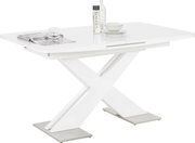 Moderner weißer Funktions-Esstisch mit X-förmigem Gestell, seitliche Perspektive