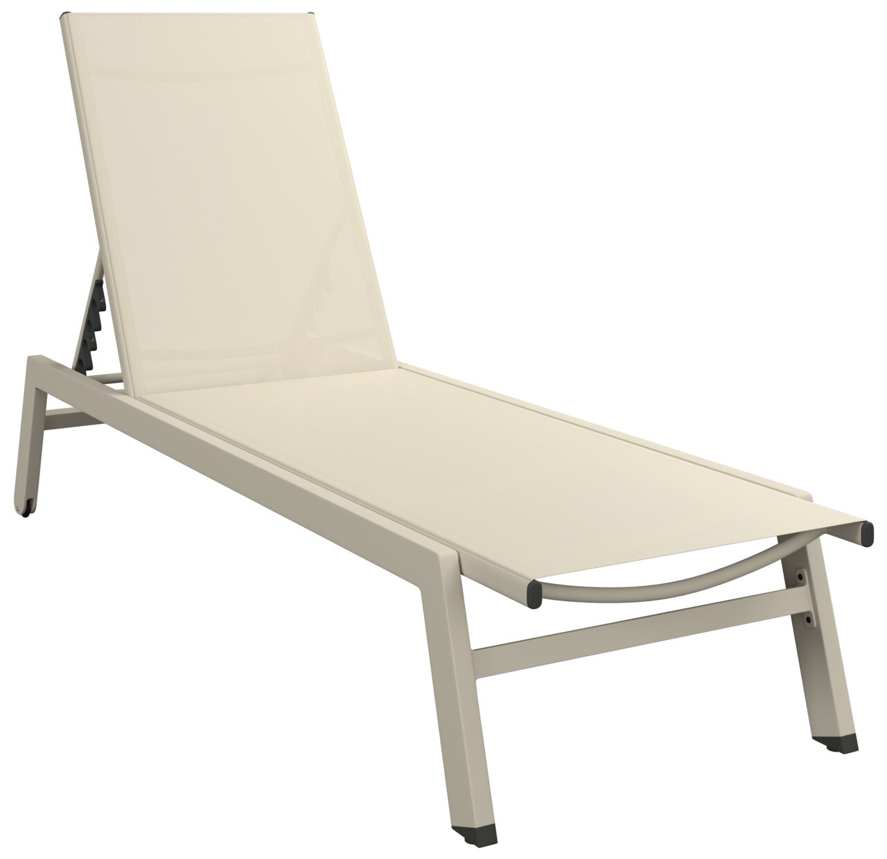 Beige Sonnenliege aus seitlicher Perspektive mit verstellbarer Rückenlehne.
