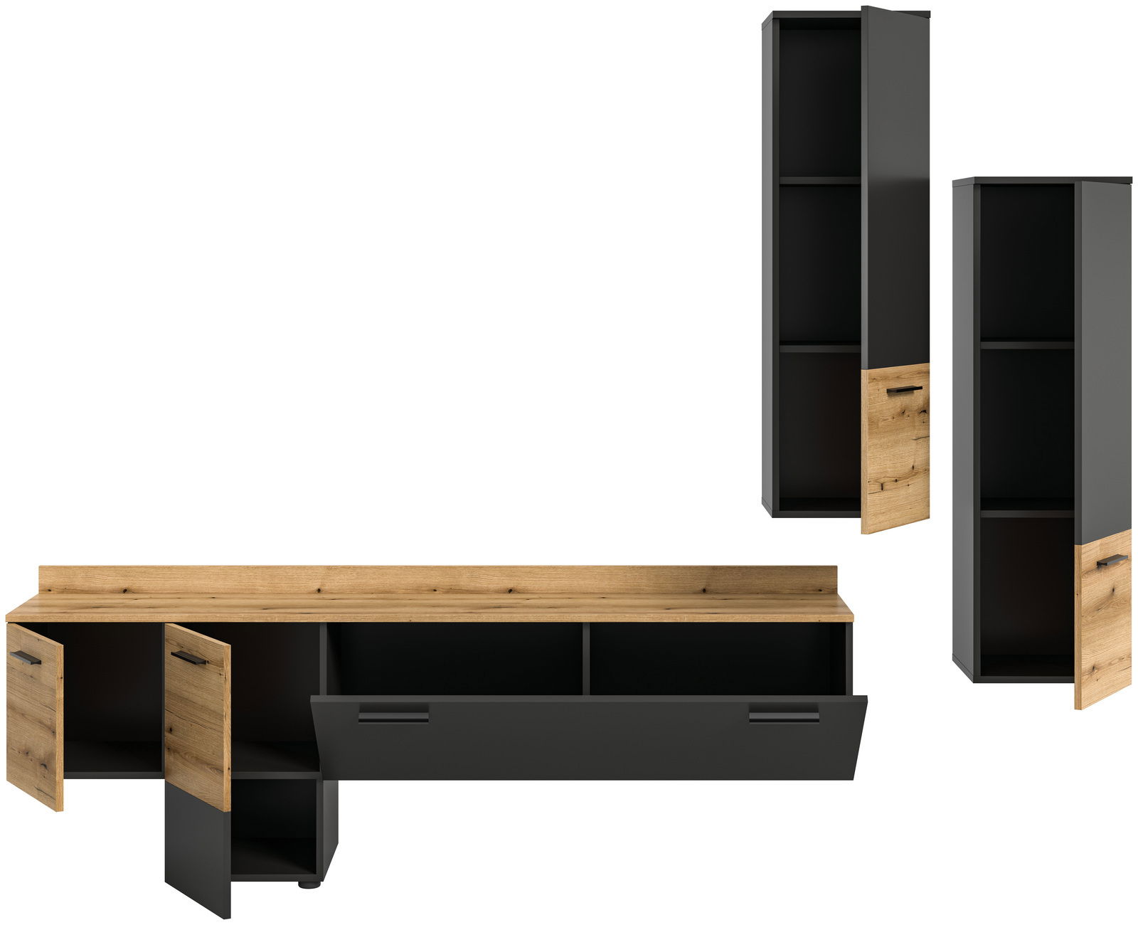 Wohnwand-Set in moderner Holz- und Schwarzoptik, bestehend aus einem langen TV-Board und zwei hohen Schränken, frontal abgebildet.