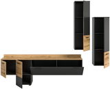 Wohnwand-Set in moderner Holz- und Schwarzoptik, bestehend aus einem langen TV-Board und zwei hohen Schränken, frontal abgebildet.