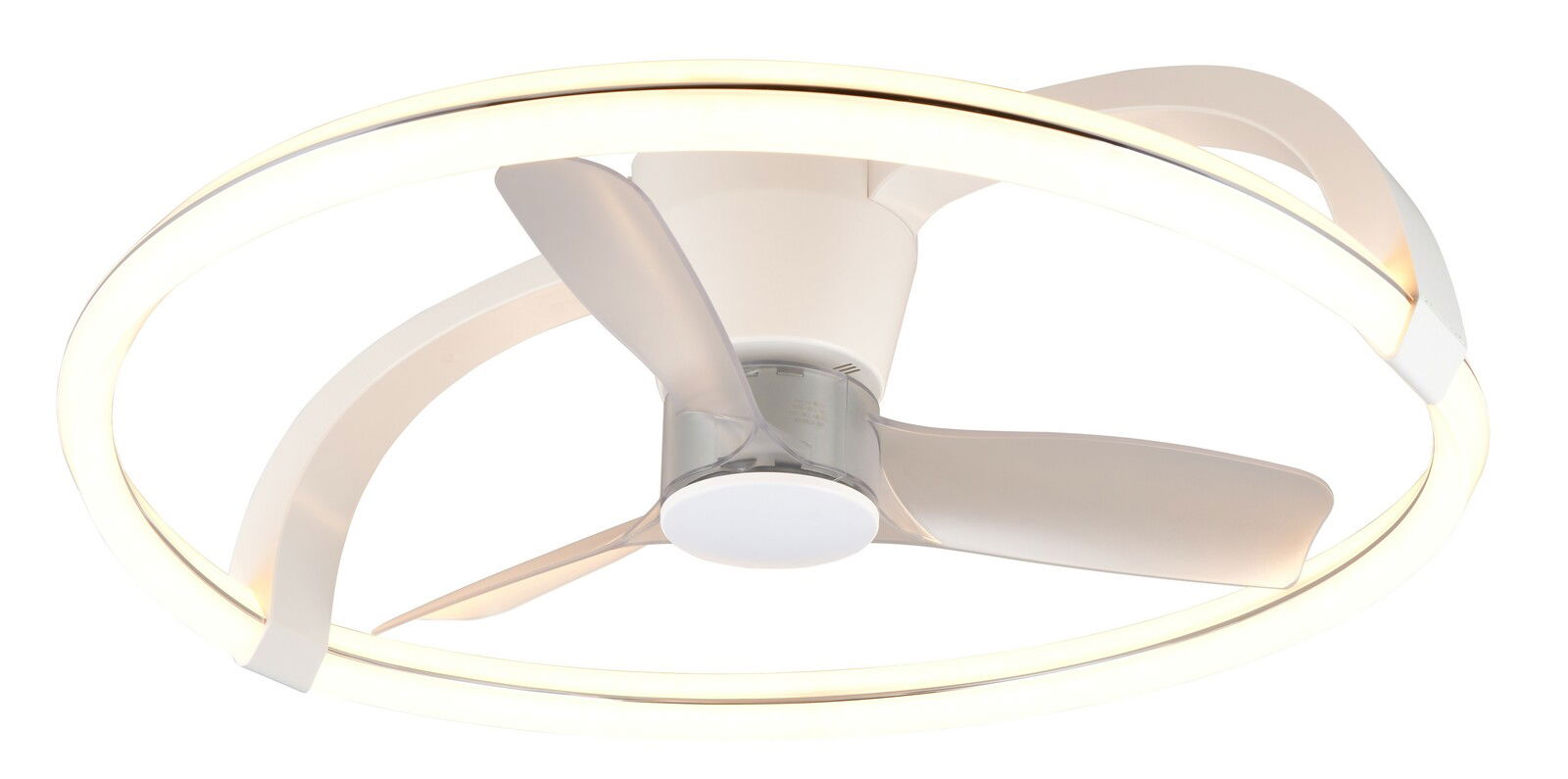 Moderner Deckenventilator mit LED-Beleuchtung, seitliche Perspektive