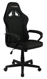 Schwarzer Gaming-Stuhl mit ergonomischem Design und Wabenmuster, seitliche Perspektive