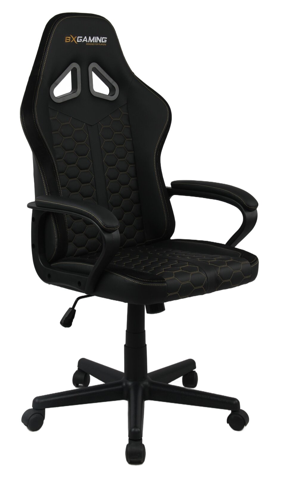 Schwarzer Gaming-Stuhl mit ergonomischem Design und Wabenmuster, seitliche Perspektive