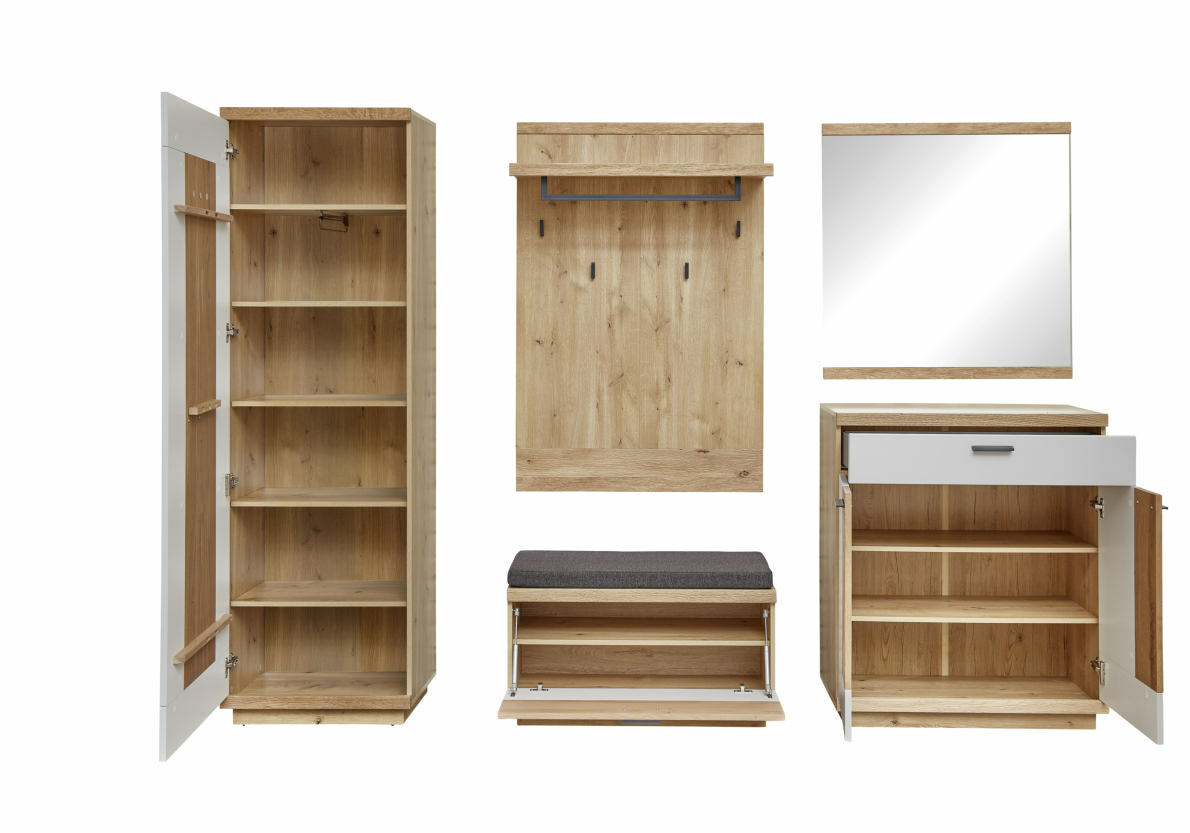 Novel Garderoben-Set RICONA Garderoben-Set aus Holz in Frontansicht mit Schrank, Spiegel, Schuhbank und Hakenleiste.