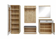 Garderoben-Set aus Holz in Frontansicht mit Schrank, Spiegel, Schuhbank und Hakenleiste.