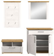 Garderobenkombination VERONA bestehend aus einem Wandpaneel mit Haken, einem Spiegel, einer Schuhbank und einem Schrank mit Schublade und Türen, in Frontalansicht.