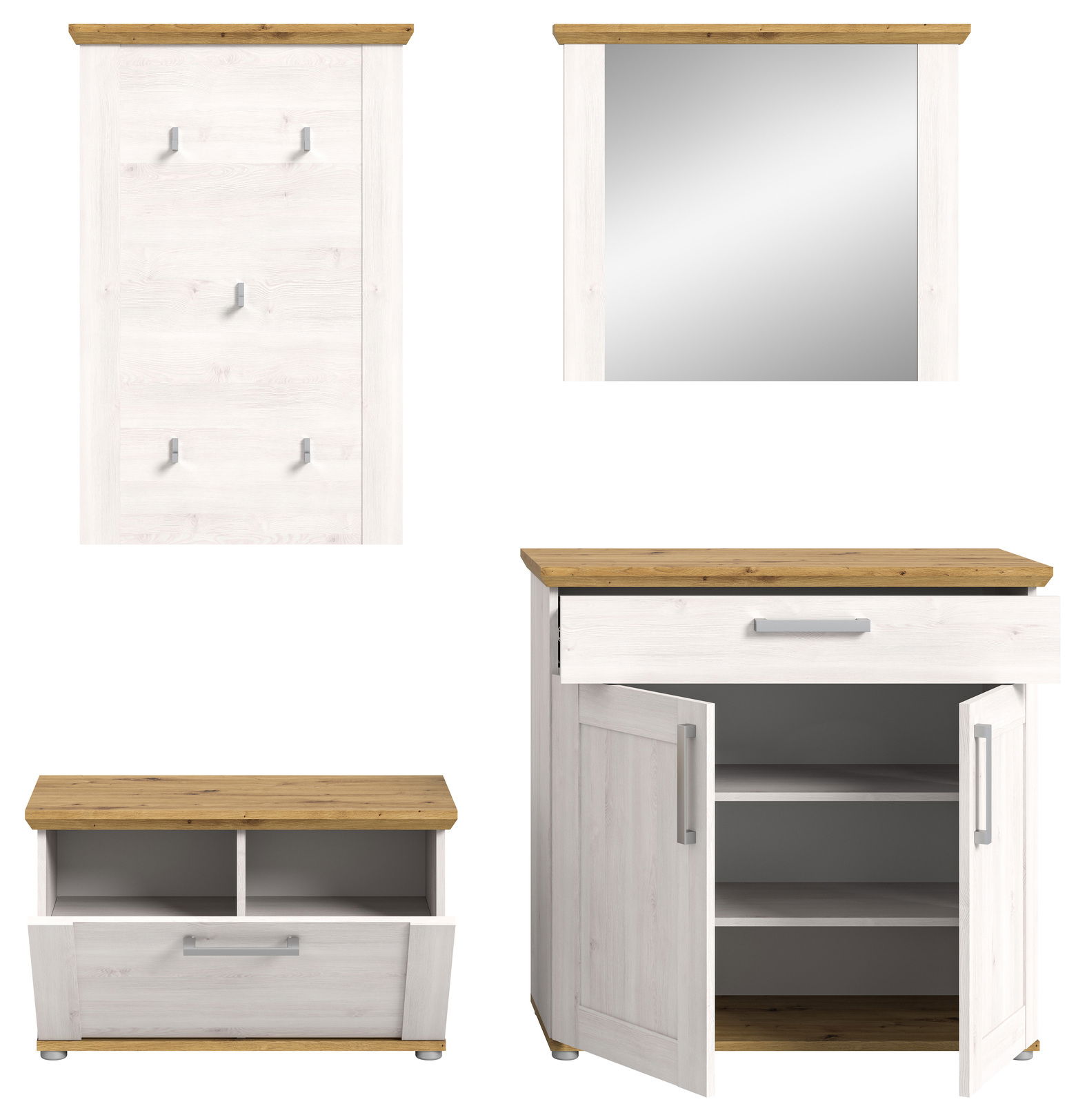 Garderobenkombination VERONA bestehend aus einem Wandpaneel mit Haken, einem Spiegel, einer Schuhbank und einem Schrank mit Schublade und Türen, in Frontalansicht.