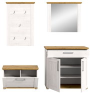 Garderobenkombination VERONA bestehend aus einem Wandpaneel mit Haken, einem Spiegel, einer Schuhbank und einem Schrank mit Schublade und Türen, in Frontalansicht.