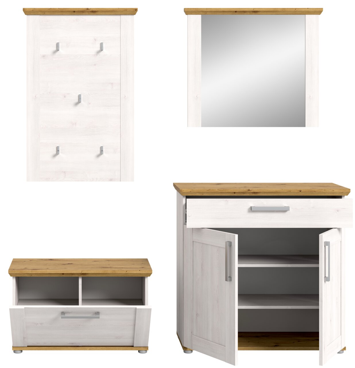 Garderobenkombination VERONA bestehend aus einem Wandpaneel mit Haken, einem Spiegel, einer Schuhbank und einem Schrank mit Schublade und Türen, in Frontalansicht.