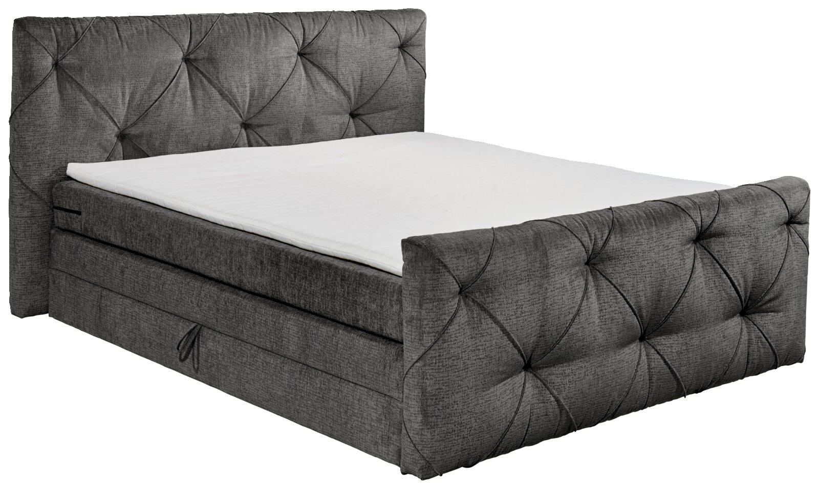 Grijs boxspringbed met doorgestikt hoofdeinde en voeteneinde, zijaanzicht