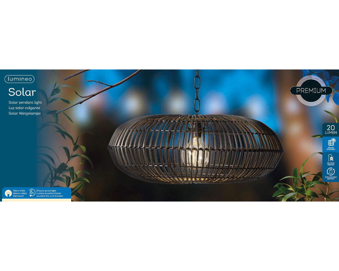 Solar Hängeleuchte in moderner Rattan-Optik, seitliche Perspektive, beleuchtet in warmweißem Licht, ideal für den Außenbereich.