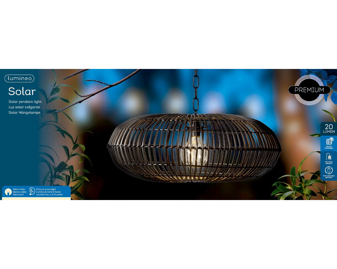 Zonne-hanglamp in moderne rotanlook, zijaanzicht, verlicht met warm wit licht, ideaal voor buiten.