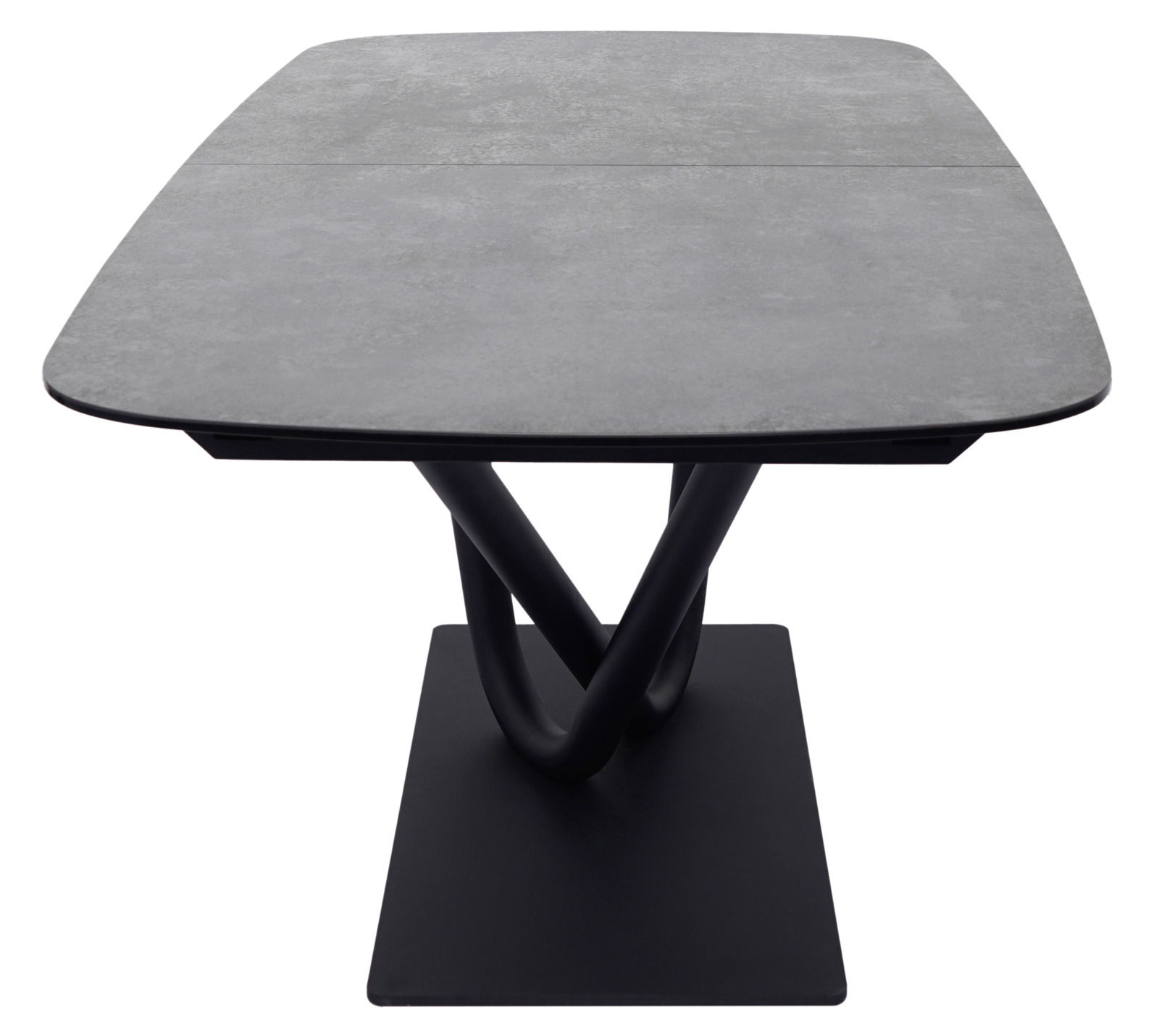 Moderner Esstisch mit grauer Tischplatte und schwarzem, verschlungenem Metallgestell, Frontalansicht