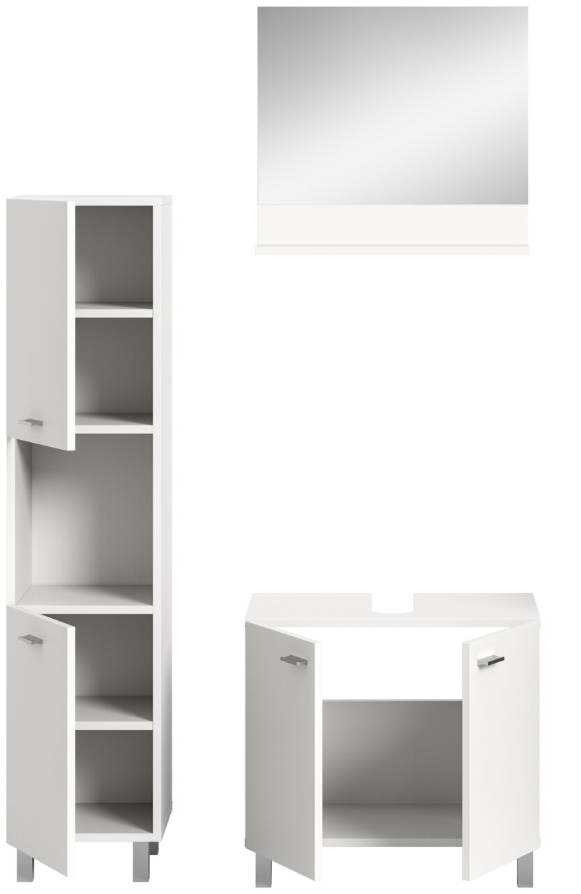 Badezimmerkombination bestehend aus einem hohen weißen Schrank mit offenen Türen, einem weißen Unterschrank mit zwei Türen und einem großen rechteckigen Spiegel. Frontalansicht.