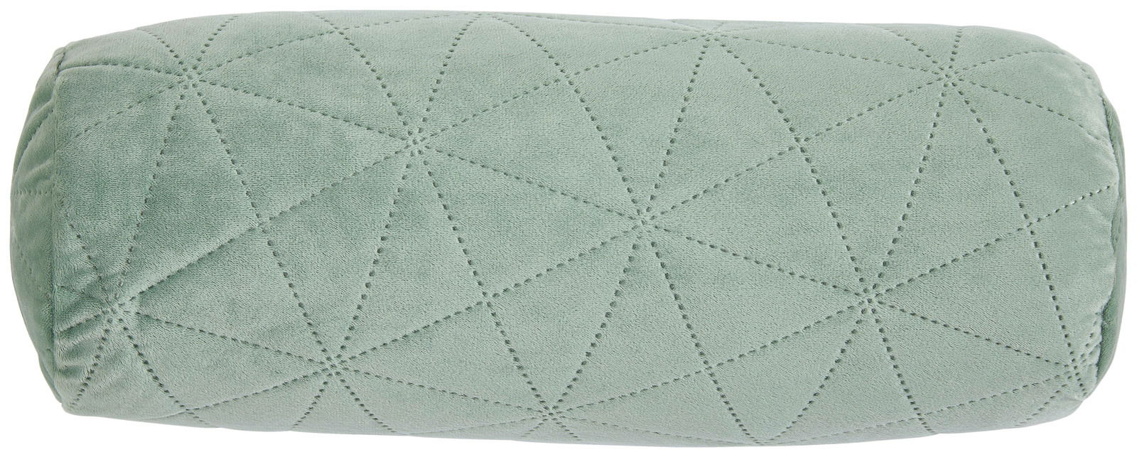 Zylindrisches, hellgrünes Kissen mit geometrischem Muster, seitliche Perspektive