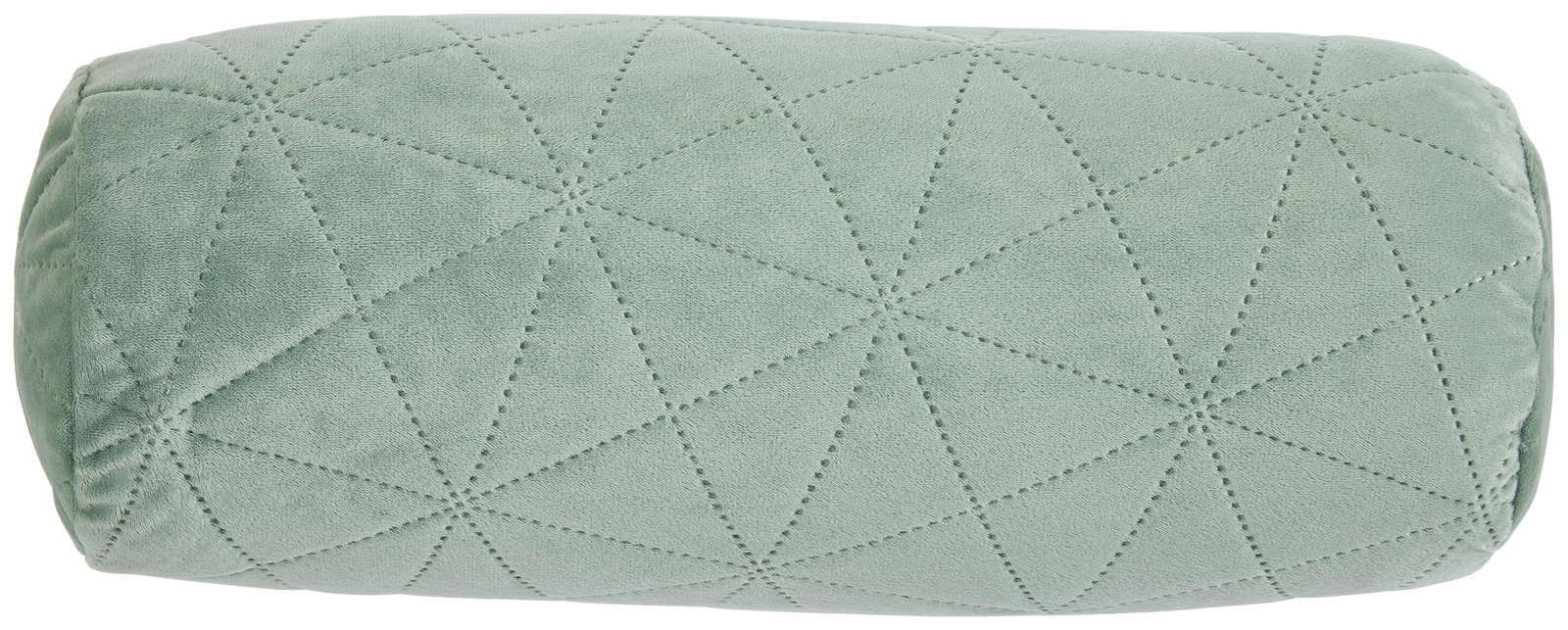 Zylindrisches, hellgrünes Kissen mit geometrischem Muster, seitliche Perspektive