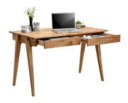 Moderner Schreibtisch aus Holz mit zwei geöffneten Schubladen, darauf ein Laptop und Bürozubehör, seitliche Perspektive.