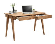Moderner Schreibtisch aus Holz mit zwei geöffneten Schubladen, darauf ein Laptop und Bürozubehör, seitliche Perspektive.
